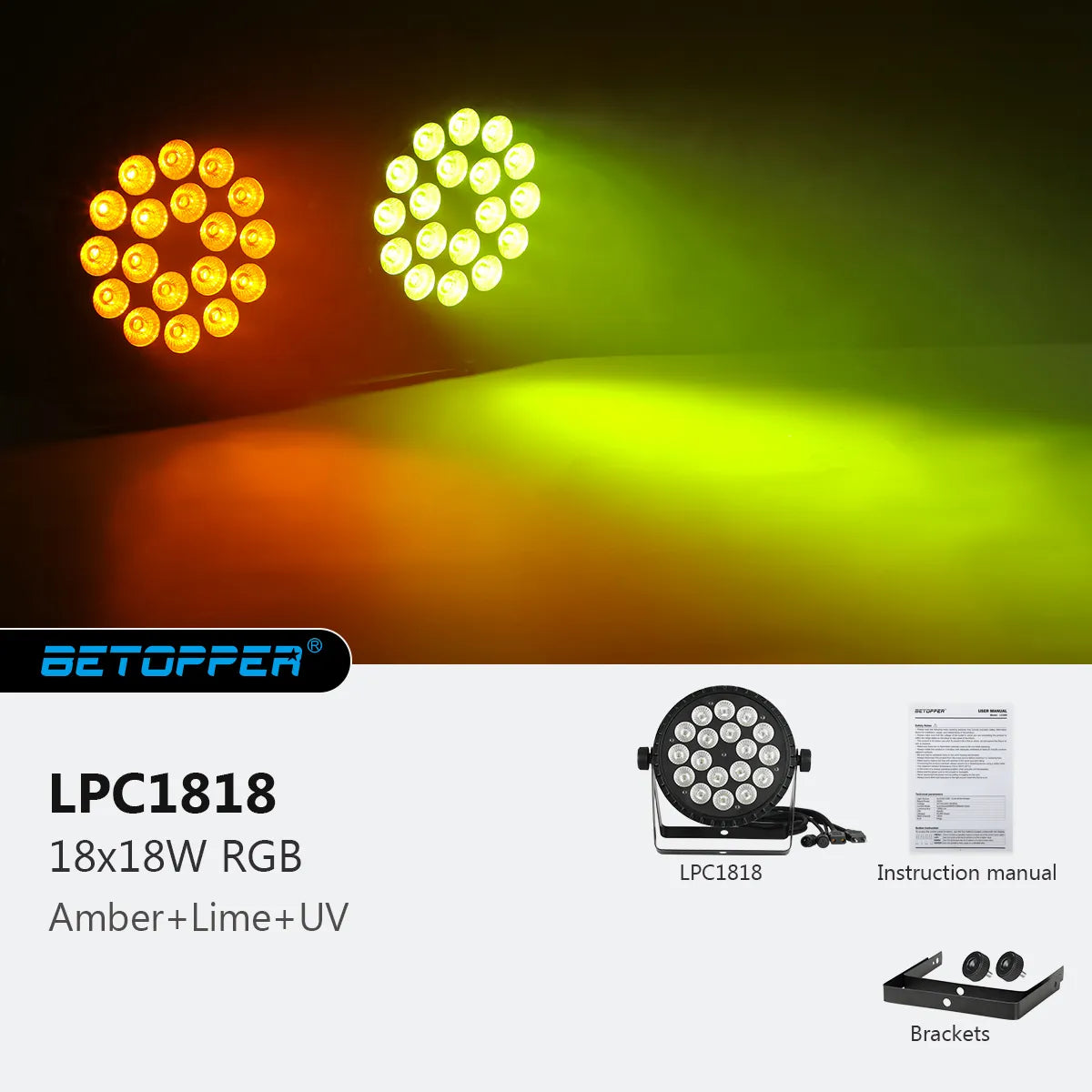 <tc>Betopper</tc> LPC1818 アップグレード 18x18W ライムアンバー UV + RGB LED PAR ライト