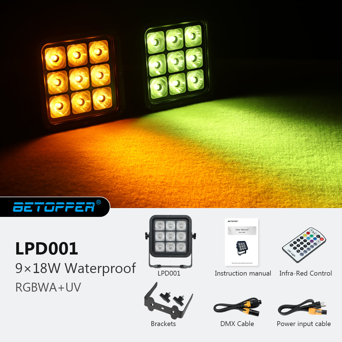Betopper LPD001 9×18W RGBWA+UV 6-in-1 Battery-Powered IP65 Outdoor Uplight