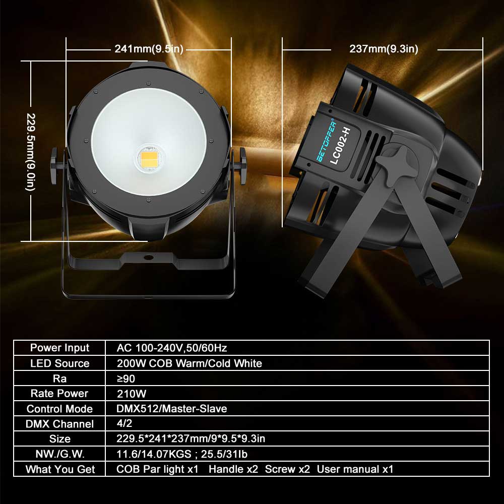 Betopper 200W COB LED Stage Spotlights Warm Cold White  LED Par Light LC002-H