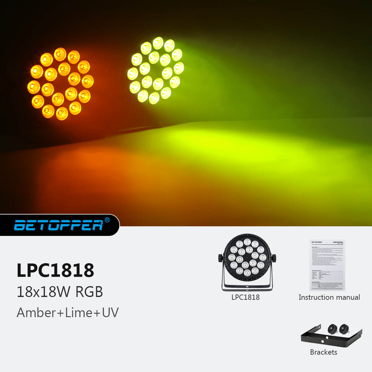 Betopper LPC1818 Upgraded 18x18W Lime Amber UV + RGB LED PAR Light